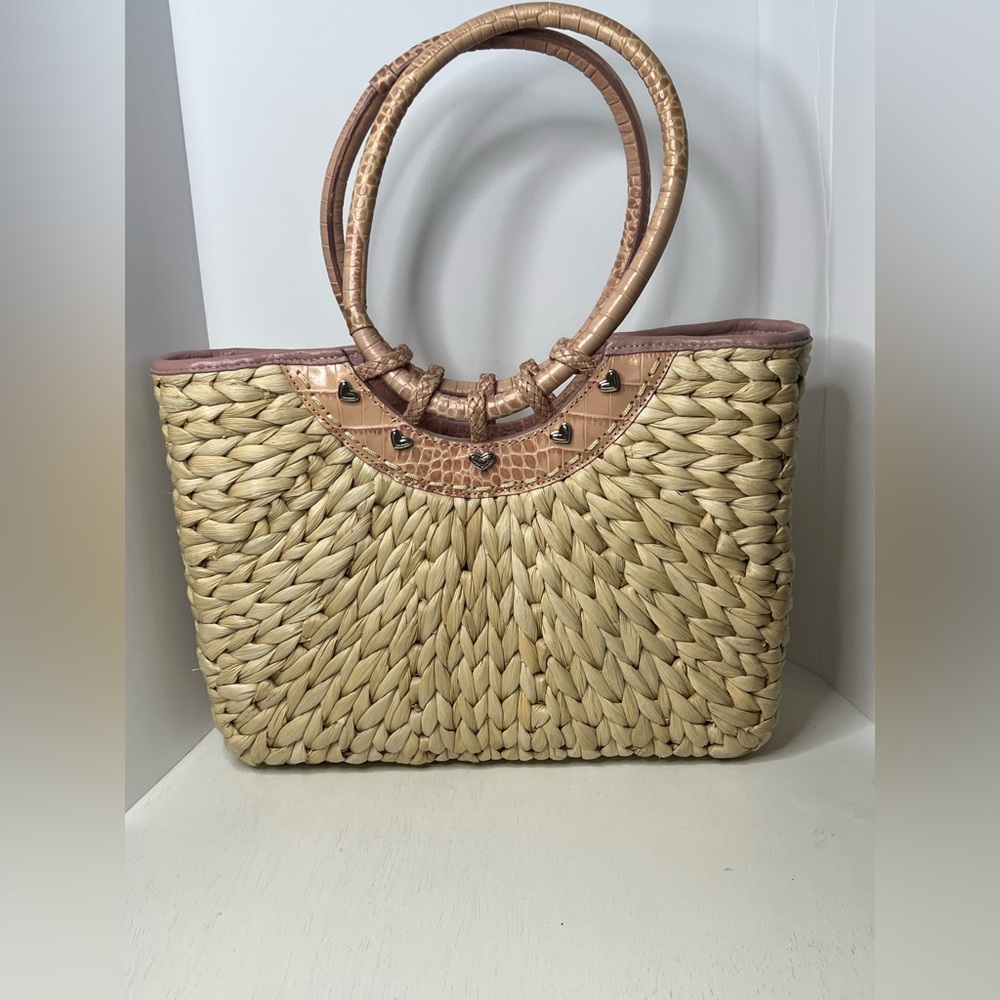 Brighton Straw Tote Bag Pink Croc Leather Woven Wicker Beach Bag
